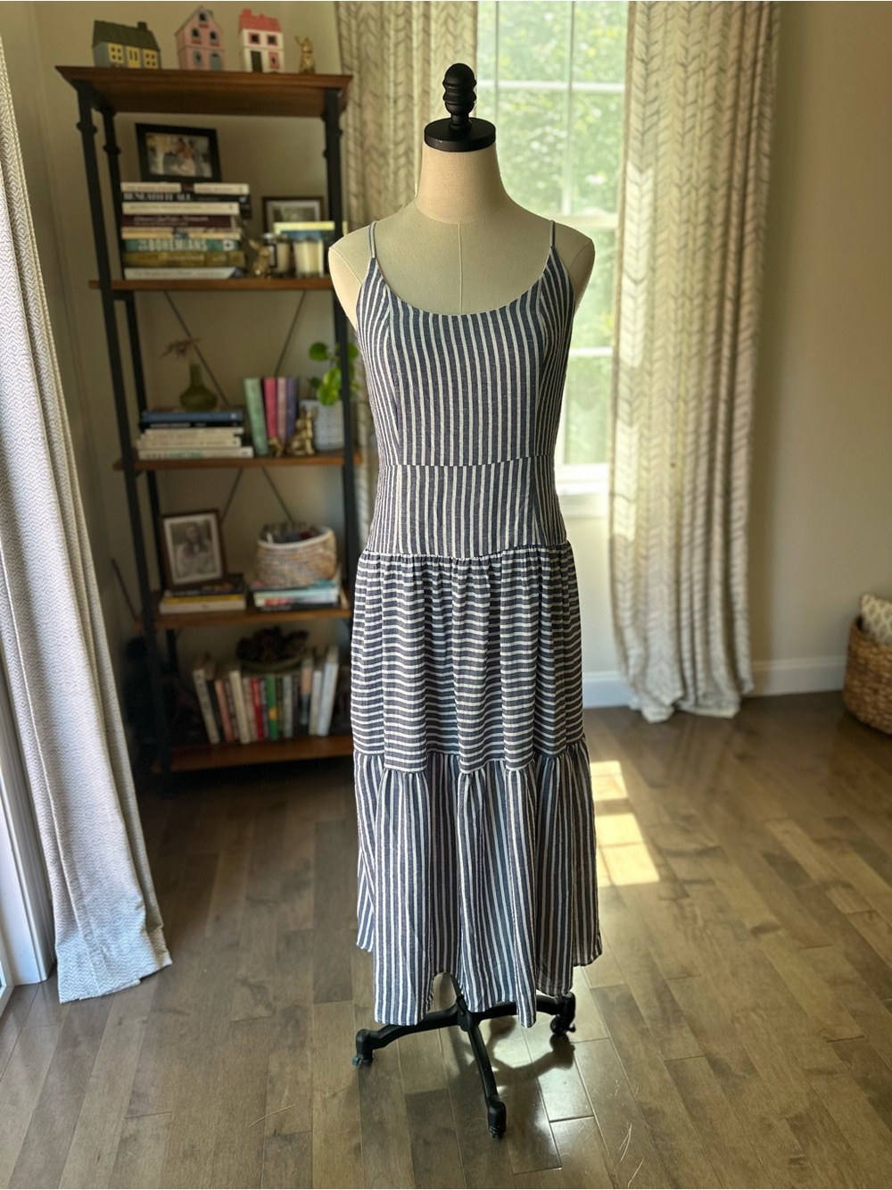 Striped Sleeveless Tiered Maxi Dress - Navy & White